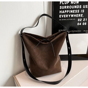 Grand Sac à Épaule en Daim Femme Fourre-Tout Polyvalent Avec Nœud Cordon de Serrage Sac Bandoulière Décontracté Couleur Unie Sac à Main