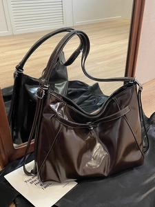 Vintage Large Capacity Glossy PU Leather Tote Bag For Women Contrast Stitching Shoulder Bag Fashion Commuter Handbag
