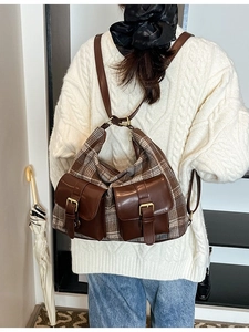 Vintage Women Plaid Woolen Backpack British Style Large Capacity PU Leather Spliced Shoulder Bag For School Travel Daily