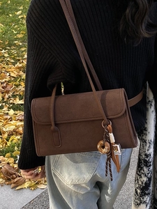 Vintage dark brown frosted suede shoulder bag for women with decorative donut charm