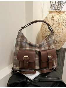 Retro plaid woolen underarm bag with dual front pockets and metallic buckles
