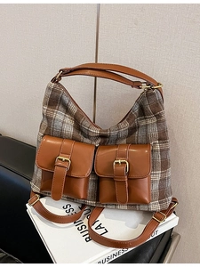 Retro plaid shoulder bag with brown leather pockets and adjustable strap for women