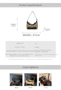 Detailed size specifications and three color options for the retro large capacity tote bag