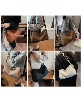 Detailed views of pleated shoulder bags in brown, beige and black worn by a model
