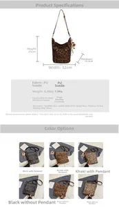 Detailed size specifications for leopard print suede PU bucket bag with strap dimensions