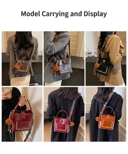 Collage de bolsos tipo cubo retro en seis colores con correas anchas estampadas y ositos