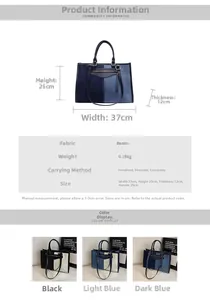Detailed size and color chart for large denim tote bag featuring three-tone patchwork design
