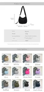 Detailed size specifications and color options for the quilted nylon crescent tote bag