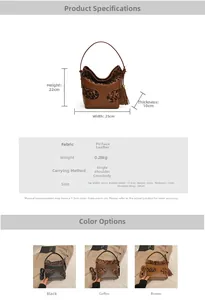 Size chart and details of the leopard print bucket bag with matte PU leather and strap