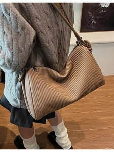 Brown pleated faux leather shoulder bag for women with large capacity and stylish design