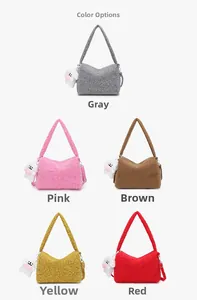 Flat lay of plush crescent handbags with cute dog charms in five vibrant color variants