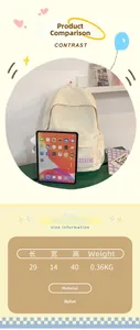 Detailed size guide and nylon backpack dimensions shown with tablet for scale
