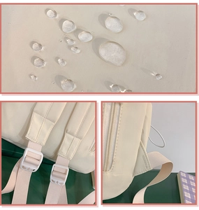 Close-up of waterproof fabric detail and durable strap adjustment on the cream backpack