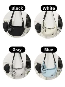 Collage of crescent crossbody bags in black white grey and blue with coin pouch
