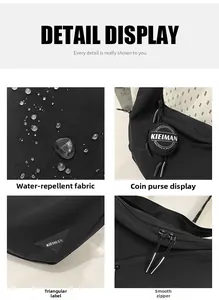 Detail view of black waterproof dumpling bag featuring coin purse and brand logo