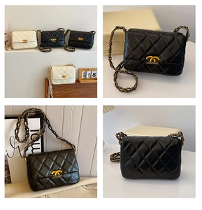 Detailed view of the gold semi-circular metal clasp and quilted leather chain bag