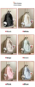 Multiple color display of cute school backpacks with plush cloud pendants and cartoon prints