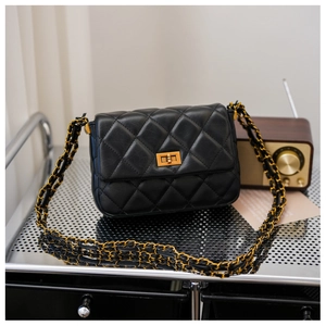 Detail of classic black quilted shoulder bag with gold twist lock and metal chain strap