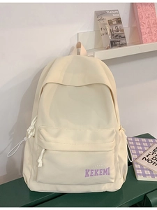 Minimalist cream white canvas backpack for students with KEKEMI logo and large capacity