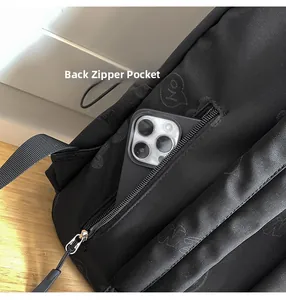 Close-up of the back anti-theft zipper pocket on a black backpack with a phone inside