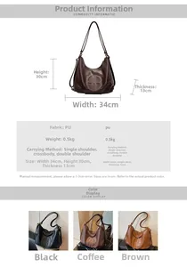 Detailed chart showing vintage PU leather tote dimensions and multi-way carrying styles