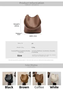 Size chart showing PU leather bucket bag dimensions and four available color options