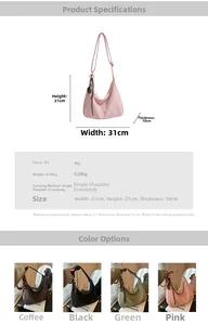 Detailed spec sheet and multi-angle views of a PU tote bag measuring 31x21x10cm