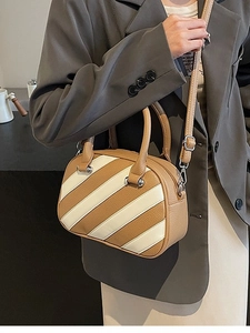 Borsa Boston da Donna alla Moda Colorblock in Pelle PU Texture Litchi Strisce Diagonali Borsa a Mano Tracolla Trendy Satchel