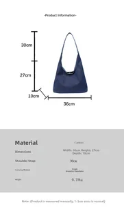 Especificaciones de tamaño para el bolso tote de lona azul marino con dimensiones y peso