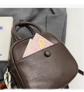 Gros plan du sac bandoulière marron foncé avec poche frontale et bandoulière rayée