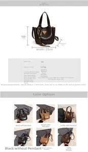 Detailed specs of retro PU bucket bags in black, brown and coffee with size charts