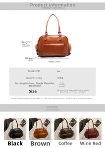 Detailed size chart and multi-color view of a vintage PU leather Boston handbag for women
