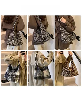 Detailed views of various plush hobo bags featuring leopard and checkered patterns