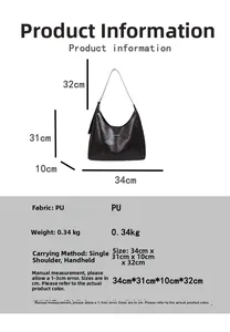 Size chart and technical specifications for the black PU leather shoulder tote bag