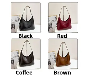 Close-up of hobo shoulder bags in black, red, coffee, and brown textured PU leather