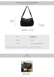 Tableau de mesures détaillé pour grand sac fourre-tout en nylon noir avec dimensions