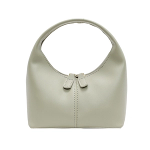 Minimalist light green half-moon handbag with smooth synthetic leather and curved handle