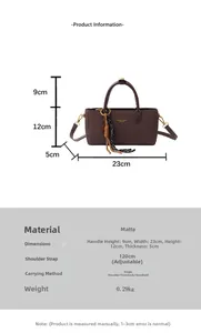 Detailed dimensions of the brown frosted leather handbag with adjustable strap