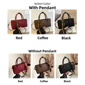 Three elegant vintage style handbags in red, brown and black with chic accessories