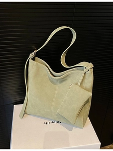 Vintage light green large tote bag in soft matte suede with matching small pouch