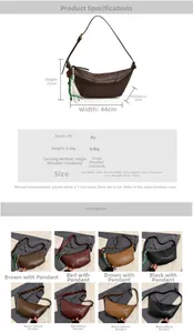 Detail view of crescent crossbody bag specs, PU material options and size measurements