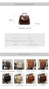 Detailed size specifications and color options for the compact 3-way PU leather backpack