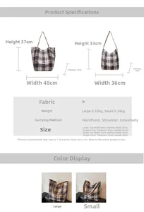 Guide des tailles montrant les dimensions et le poids du sac fourre-tout en toile à carreaux