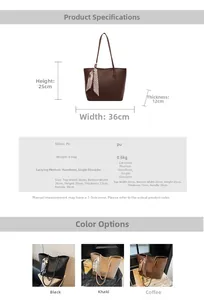 Detailed size chart for minimalist tote bag with dimensions 36x25x12cm and handle height