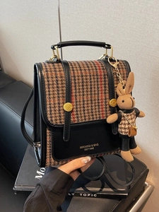 Retro houndstooth patchwork backpack with leather straps and a cute rabbit charm