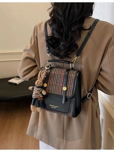 Vintage houndstooth backpack for women in retro colorblock style with a rabbit charm
