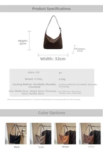 Detailed size specifications for large faux suede hobo bag with color options
