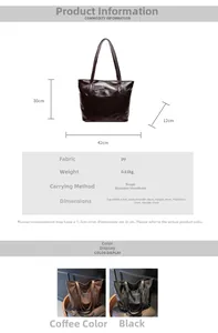 Detailed size guide and specifications for the large capacity PU shoulder tote bag