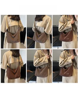 Six-grid collage showing various angles of a large brown shoulder bag worn by a model