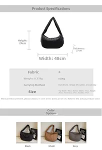Detailed size and color specs for striped quilted puffer hobo bag with dimensions